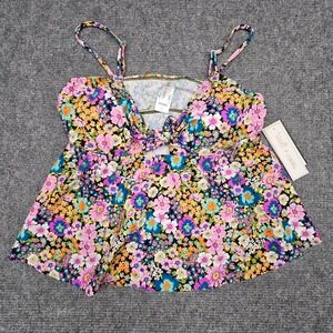 Salt & Cove Women Swim Tankini‎ Top Floral Tie Front Keyhole Multi Color Large L